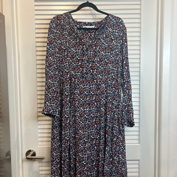 COPY - Zara Floral Button Long Sleeve Midi Swing Dress in Wine Red & Blue Size … - Picture 6 of 6